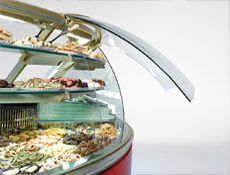 Classic: deli and pastry 90° curve with hydraulic lift-up front glass